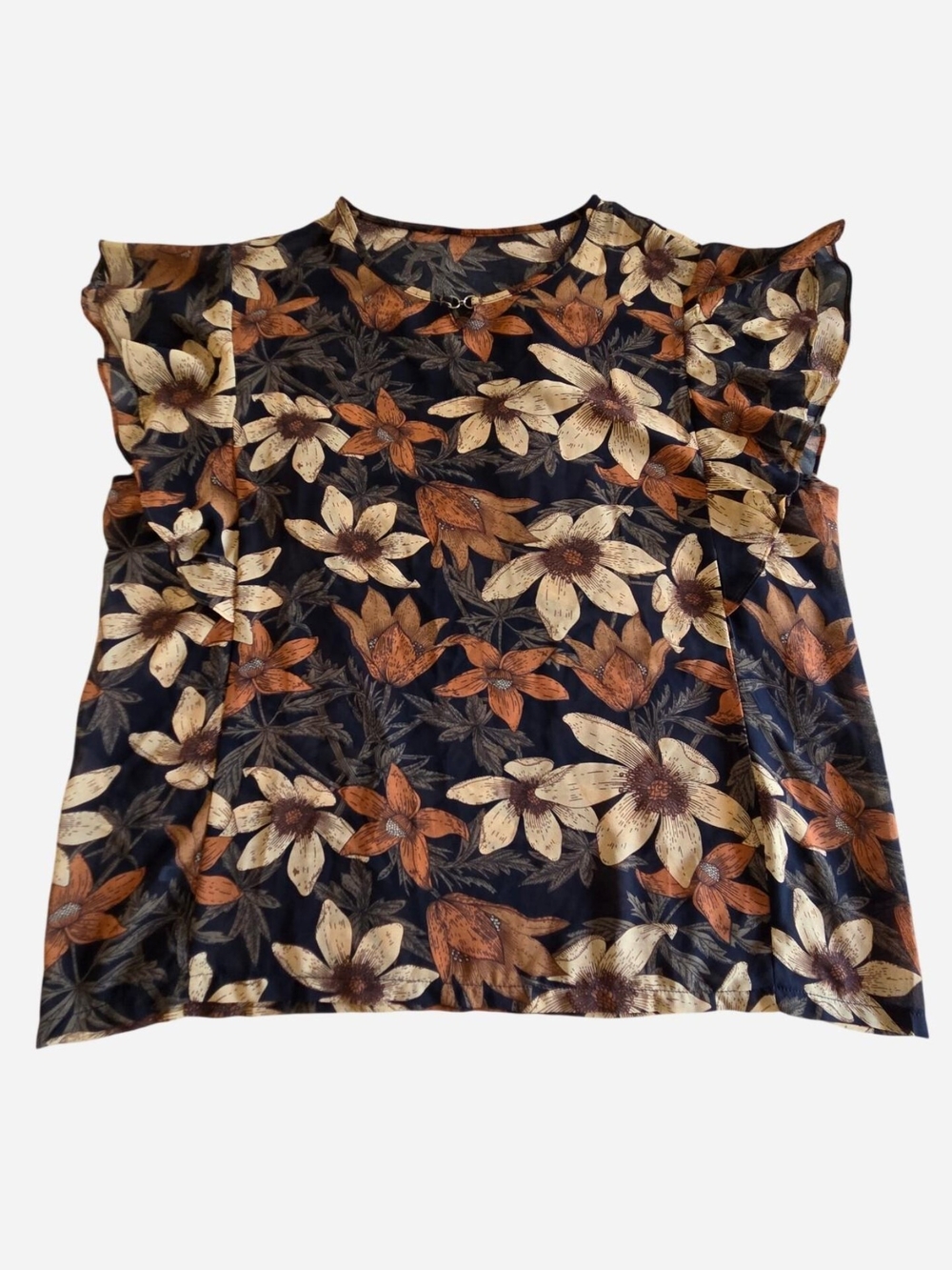 Earthy Floral Flutter Sleeve Blouse Boho Fall Orange Cream Brown L/XL